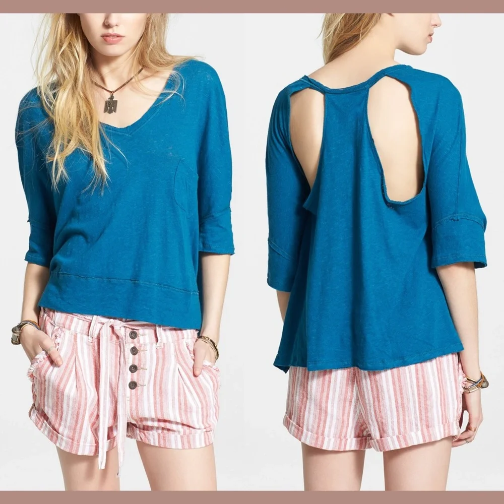 NWT Free People Crescent Moon Jersey Pullover Top in Peacock‎ [SZ XS ]
